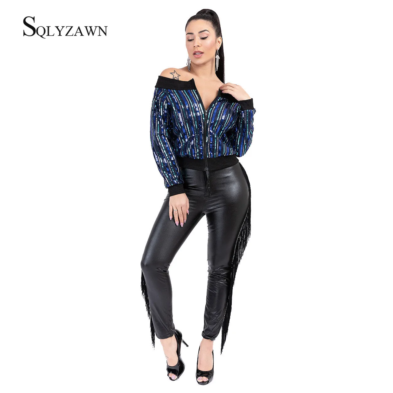 Women Multicolor Sequins Patchwork High Quality Loose Jacket Coat Ladies Off-Shoulder Long Sleeve Streetwear Zipper Outerwear 
Women Multicolor Sequins Patchwork High Quality Loose Jacket Coat Ladies Off-Shoulder Long Sleeve Streetwear Zipper Outerwear