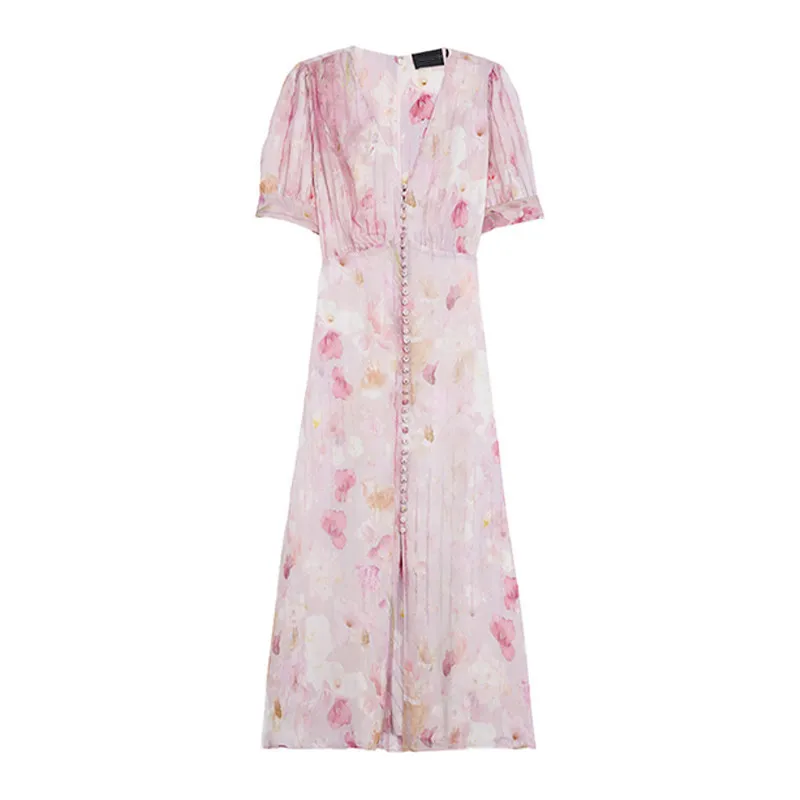 2021 Summer Ladies New French Style V-neck Blooming Printed Romantic Max Dress Women Fashion Single-Breasted Slim Long Dress 
2021 Summer Ladies New French Style V-neck Blooming Printed Romantic Max Dress Women Fashion Single-Breasted Slim Long Dress