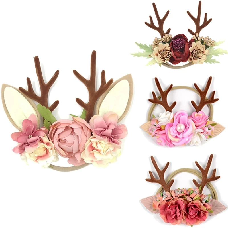 

Christmas Antler Baby Girl Headbands Accessories Xmas Party Deer Ear Flower Crown Hair Band Newborn Photography Props Headwraps