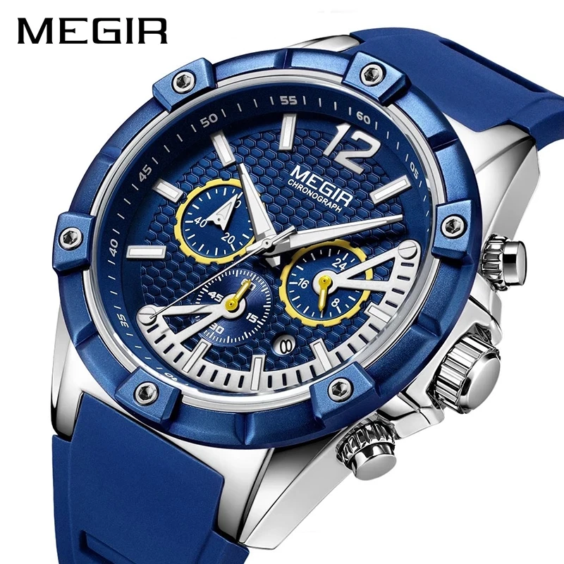 

MEGIR New Slicone Waterproof Sports Multifunctional Chronograph Quartz Men's Calendar Watches And Luxurious Personality 2083G