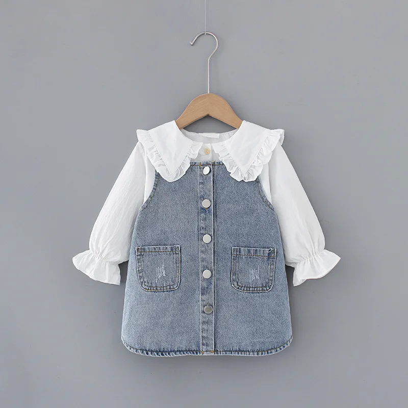 Shirt+denim Dress Suspender Strap Suit New Fashion Baby Girls Peter Pan Collar Long Sleeve Spring Children Two-piece Set Cotton
Shirt+denim Dress Suspender Strap Suit New Fashion Baby Girls Peter Pan Collar Long Sleeve Spring Children Two-piece Set Cotton