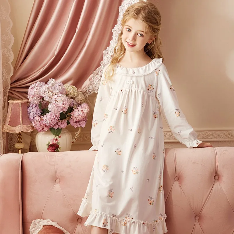 cotton short pajama sets 2019 Spring Children's Girls Lolita Dress Princess Sleepshirts Vintage Nightgowns Baby Nightdress Kids Sleepwear Pajamas Gown elegant pajama sets