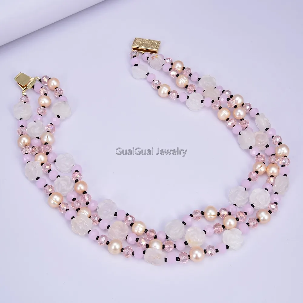 GG Jewelry Hand-Made Semi-Stone 3 strands Pearl Rose Quartz Flower Crystal Necklace
GG Jewelry Hand-Made Semi-Stone 3 strands Pearl Rose Quartz Flower Crystal Necklace