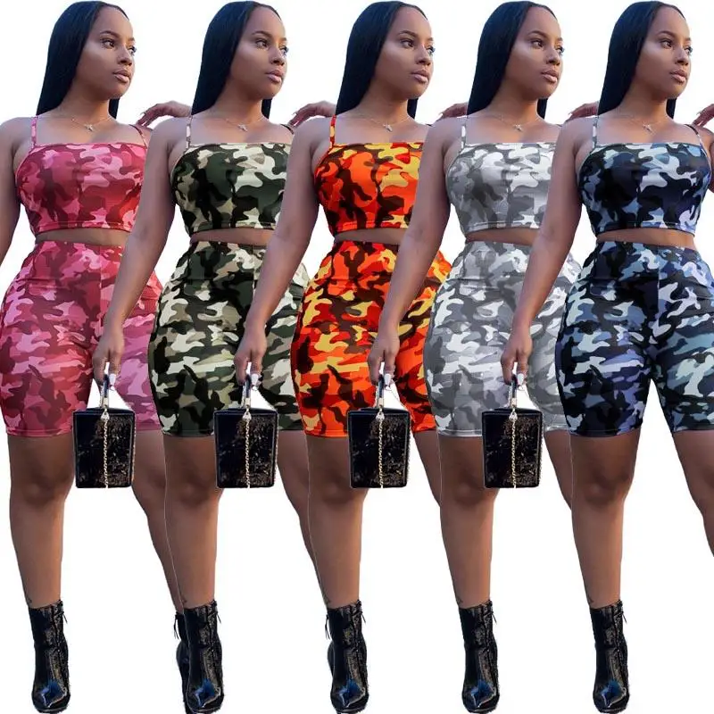 

Summer Women 2 Two Piece Outfits set Camouflage Print wrapped chest vest Crop Top Biker Shorts tracksuit Camo clothes plus size