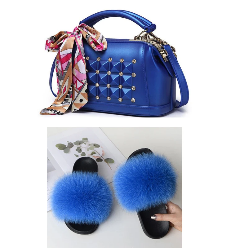 

New Women Real Fox Fur Slippers Set Fluffy Plush Fur Beach Flip Flops Fashion Rivet Jelly Handbag Travel Match Sets Furry Slides