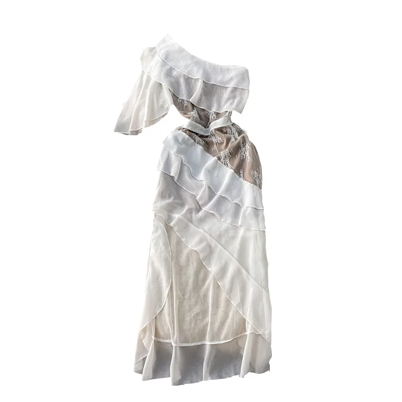 of 2021 the new chiffon inclined shoulder stitching bud silk waist show thin temperament irregular long dress dress
of 2021 the new chiffon inclined shoulder stitching bud silk waist show thin temperament irregular long dress dress