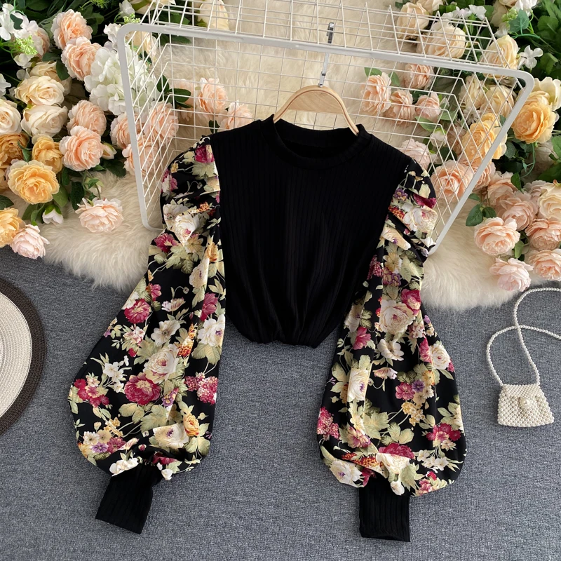 Women Autumn New Printed Bottoming Shirt Puff Sleeve Stitching Patchwork O-Neck Temperament Slim Fit Top Female Blouse
Women Autumn New Printed Bottoming Shirt Puff Sleeve Stitching Patchwork O-Neck Temperament Slim Fit Top Female Blouse