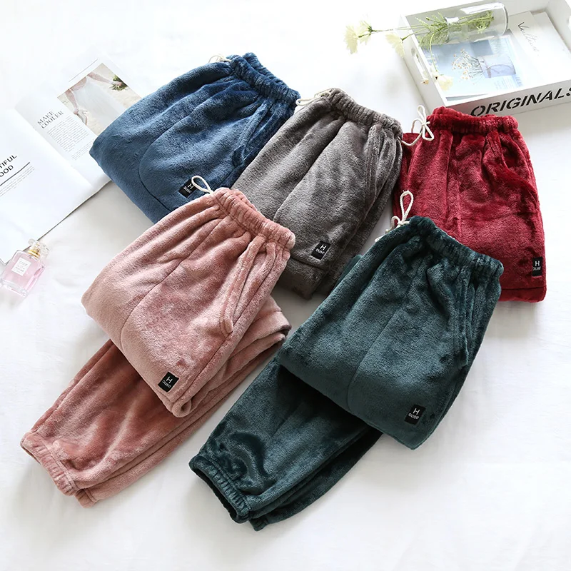 2022 Fall Winter Pants Bottoms For Couples Warm Thick Coral Fleece Sleep Soft Pajamas Men Women Plus Velvet Trousers | Мужская одежда