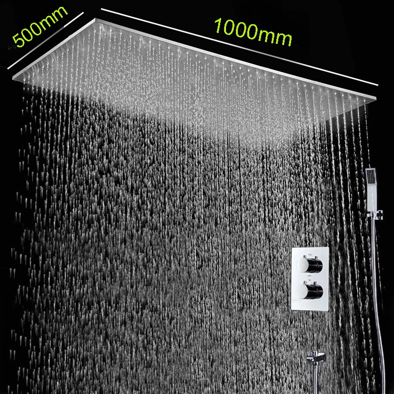 

Shower Heads And Faucets 500*1000MM Ceiling Big Rainfall Thermostatic Shower Bath Set brushed + chrome