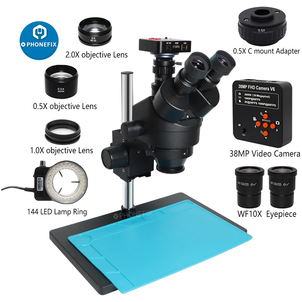 3.5X-90X Simul-Focal Trinocular Stereo Microscope VGA 38MP HDMI USB Video Camera 144 LED Ring Light for PCB Soldering Repair
3.5X-90X Simul-Focal Trinocular Stereo Microscope VGA 38MP HDMI USB Video Camera 144 LED Ring Light for PCB Soldering Repair