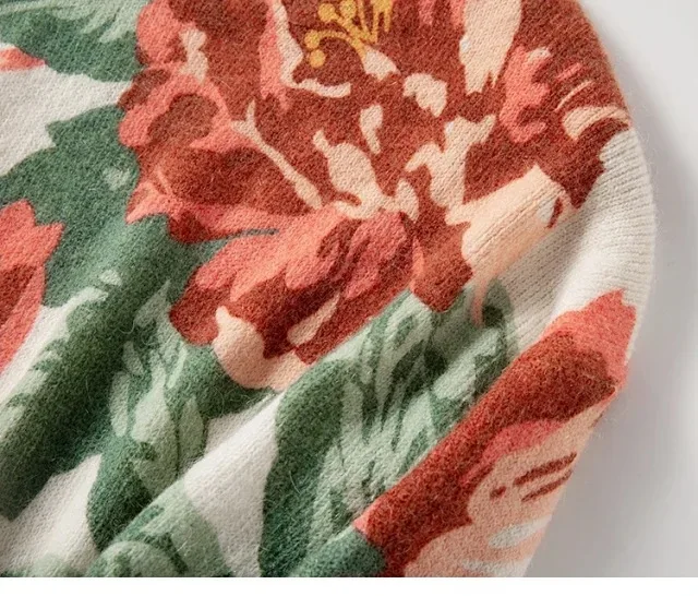 Women's O-neck Knit Sweater Peony Colorful Print Long Sleeve Knitwear Jumpers Vintage Mohair Female Knit Pullover Top
Women's O-neck Knit Sweater Peony Colorful Print Long Sleeve Knitwear Jumpers Vintage Mohair Female Knit Pullover Top