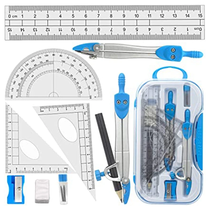 Geometry Compass Set 10Pcs School Maths Protractor Set Rulers for Student Maths and Engineering in Carry Case
Geometry Compass Set 10Pcs School Maths Protractor Set Rulers for Student Maths and Engineering in Carry Case