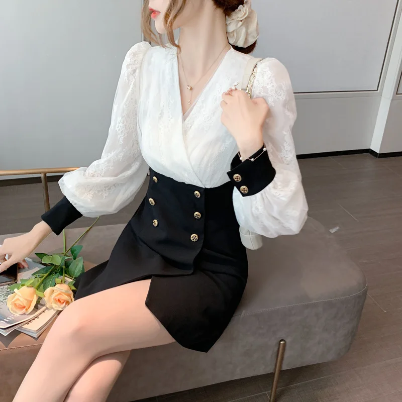 Autumn New Fake Two-piece V-neck Slimming Mesh Lace Dress Women Office Elegant Sweet Skirt Fashion Long Sleeve Waist Mini Skirt
Autumn New Fake Two-piece V-neck Slimming Mesh Lace Dress Women Office Elegant Sweet Skirt Fashion Long Sleeve Waist Mini Skirt