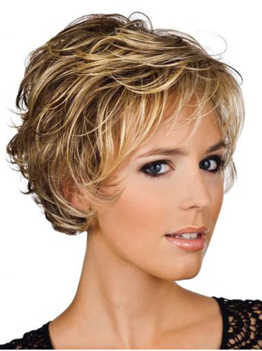 

Remy Human Hair Blend Wigs Natural looking Wig Short Blonde layered Wavy Costume Wig for Women with bangs