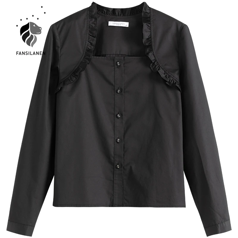 FANSILANEN Ruffle cotton black blouse shirt Women long sleeve vintage button up shirt top Female autumn elegant office blouse
FANSILANEN Ruffle cotton black blouse shirt Women long sleeve vintage button up shirt top Female autumn elegant office blouse