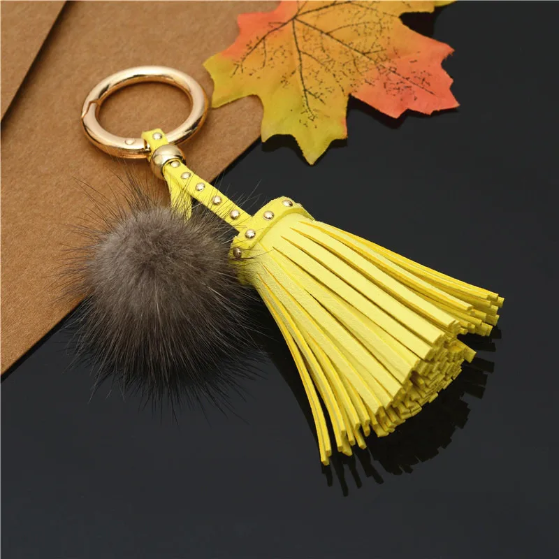 Hot Sale PU Leather Tassels Key chains With Fur Ball pom keychain For Women Bag Car Pendant Keyrings Jewelry Holder | Украшения и