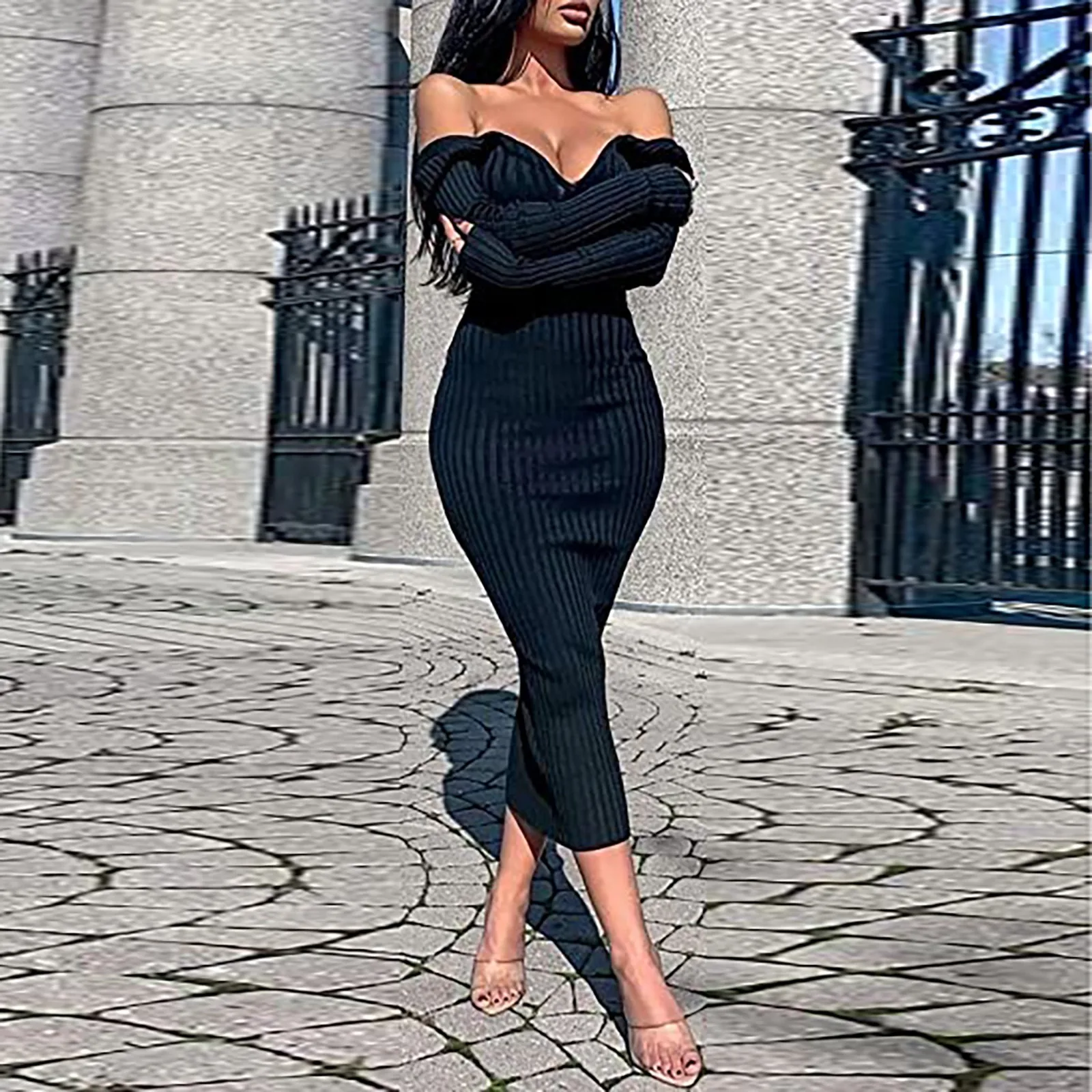 Женское платье с открытыми плечами, черное трикотажное платье средней длины с длинным рукавом в рубчик, Клубные платья для вечерние 
Женское платье с открытыми плечами, черное трикотажное платье средней длины с длинным рукавом в рубчик, Клубные платья для вечерние