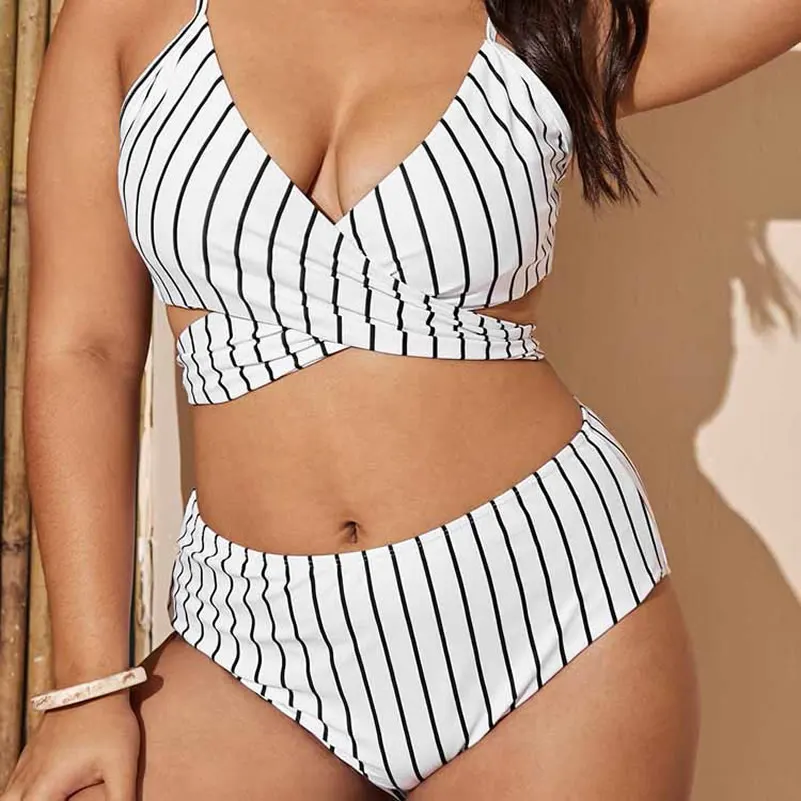 Plus Size Bandage Cross Beachwear Two Pieces Bikini Set Swimsuits Womens High Waist Tankinis Printed Striped Beach Swimwear
Plus Size Bandage Cross Beachwear Two Pieces Bikini Set Swimsuits Womens High Waist Tankinis Printed Striped Beach Swimwear