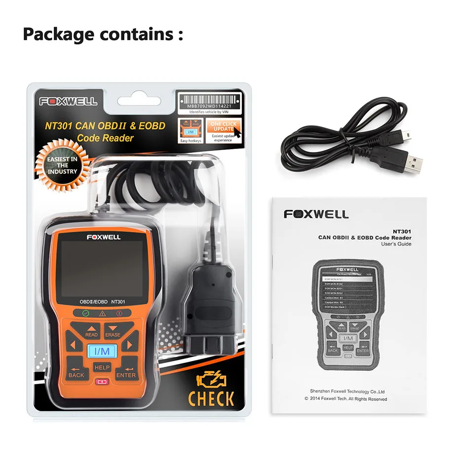 FOXWELL NT301 OBD2 Automotive Scanner I/M Readiness Diagnostic Tools Code Reader ESP EPC For Car Multi Language Auto Tools
FOXWELL NT301 OBD2 Automotive Scanner I/M Readiness Diagnostic Tools Code Reader ESP EPC For Car Multi Language Auto Tools