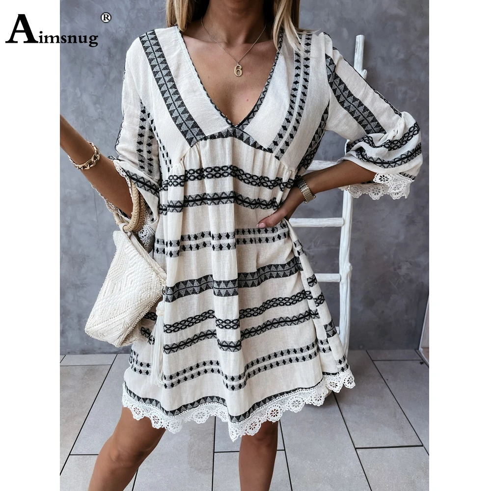 

Aimsnug Women Elegant Lacing Dress Three Quarter Sleeve V-neck Party Dresses 2021 Ladies Patchwork Stripes Knee-Length Dress