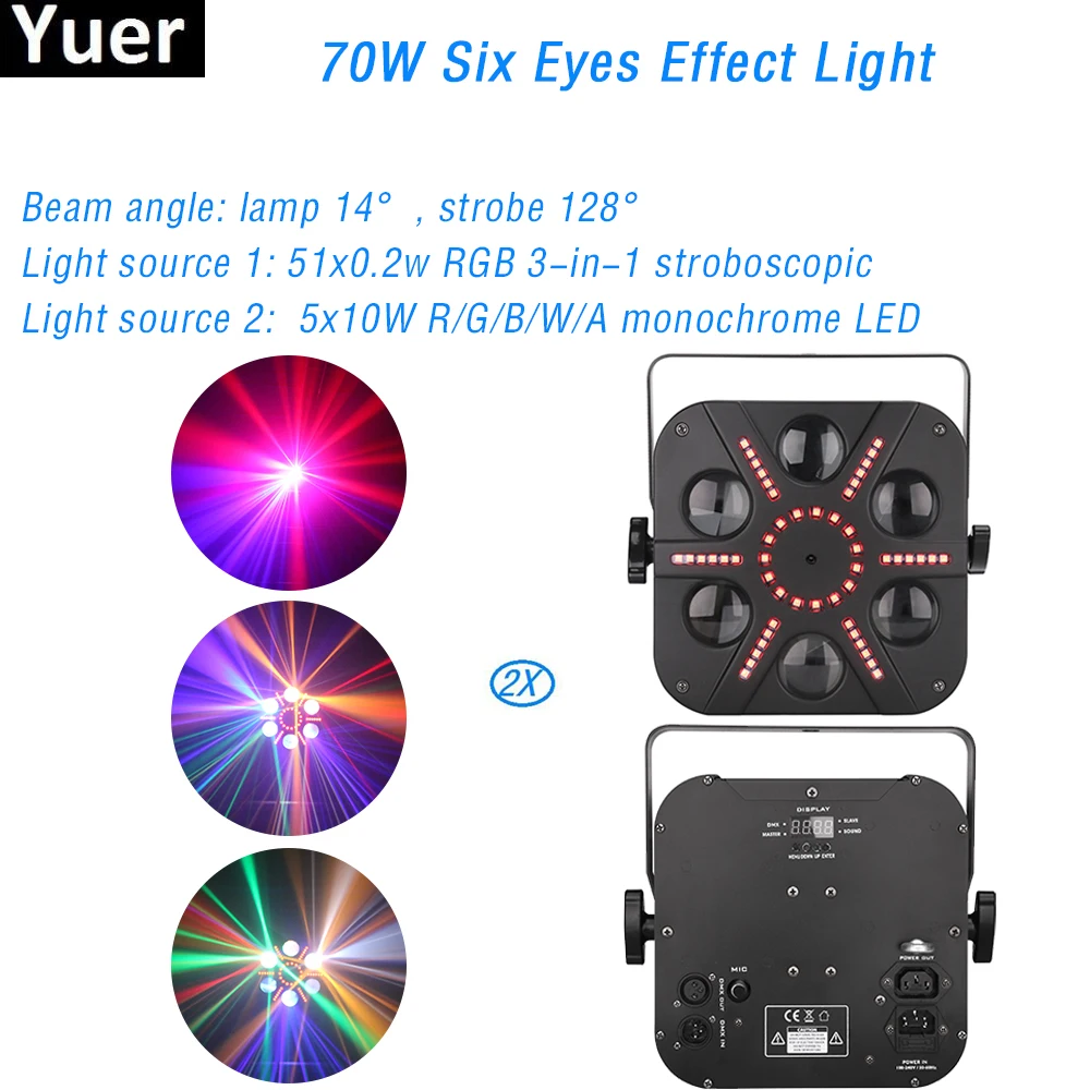 

2 шт./лот 70 Вт 6 эффектов глаз свет DJ диско Вечеринка лазерный свет высокое качество сценический стробоскоп SMD 51X0.2w RGB 3IN1DMX 512 управление
