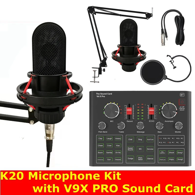 

Конденсаторный микрофон K20 с звуковой картой V9X PRO, комплект с микрофоном для студии, Live DJ, смартфона, ПК, игрового компьютера, караоке, микроф...