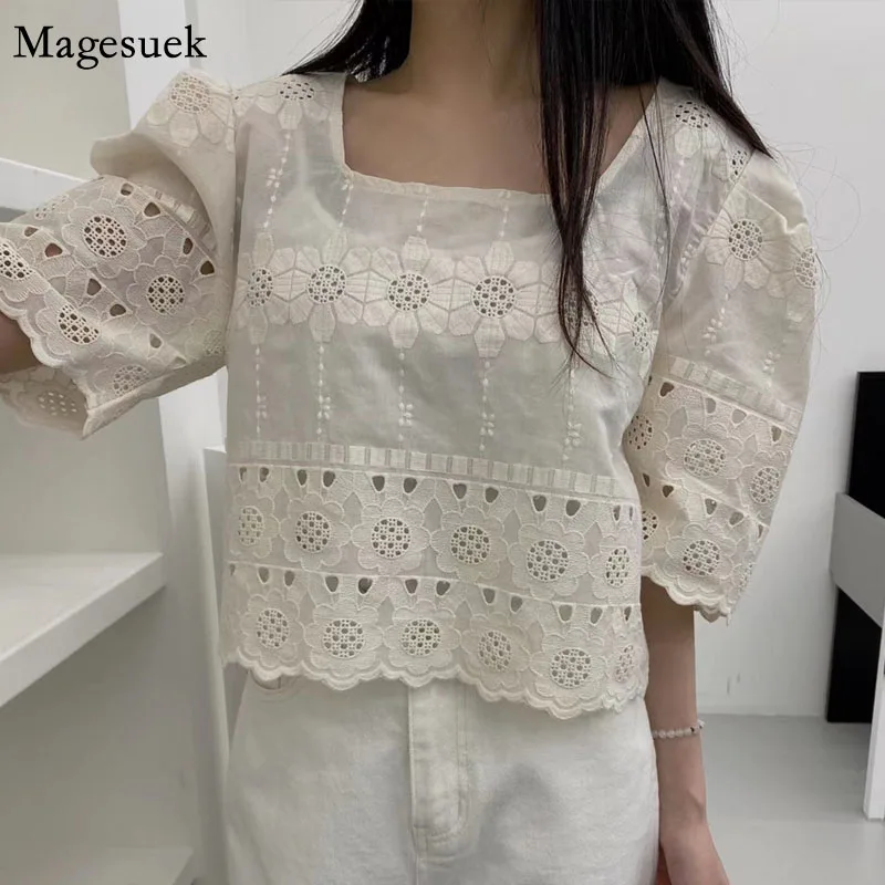 Summer Square Neck Short Blouse Korean Hollow Out Puff Short Sleeve Women Tops Fashion Floral Loose New Sweet Casual Shirt 14453
Summer Square Neck Short Blouse Korean Hollow Out Puff Short Sleeve Women Tops Fashion Floral Loose New Sweet Casual Shirt 14453