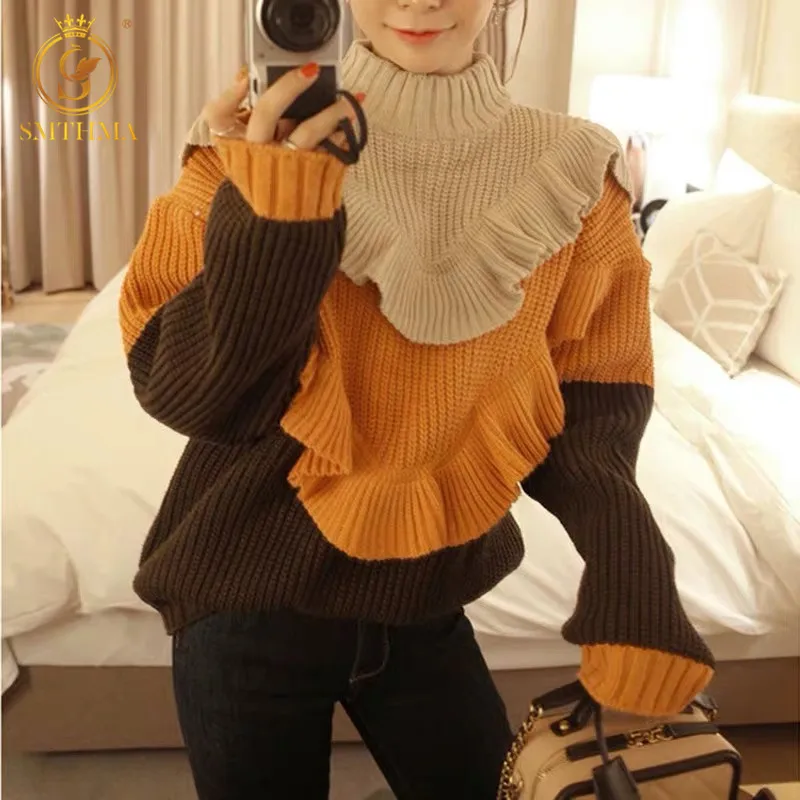 SMTHMA Woman Knit Ruffles Color Matching Long Sleeve Sweaters Loose Sweet Thicken Warm Pullovers Jumpers
SMTHMA Woman Knit Ruffles Color Matching Long Sleeve Sweaters Loose Sweet Thicken Warm Pullovers Jumpers