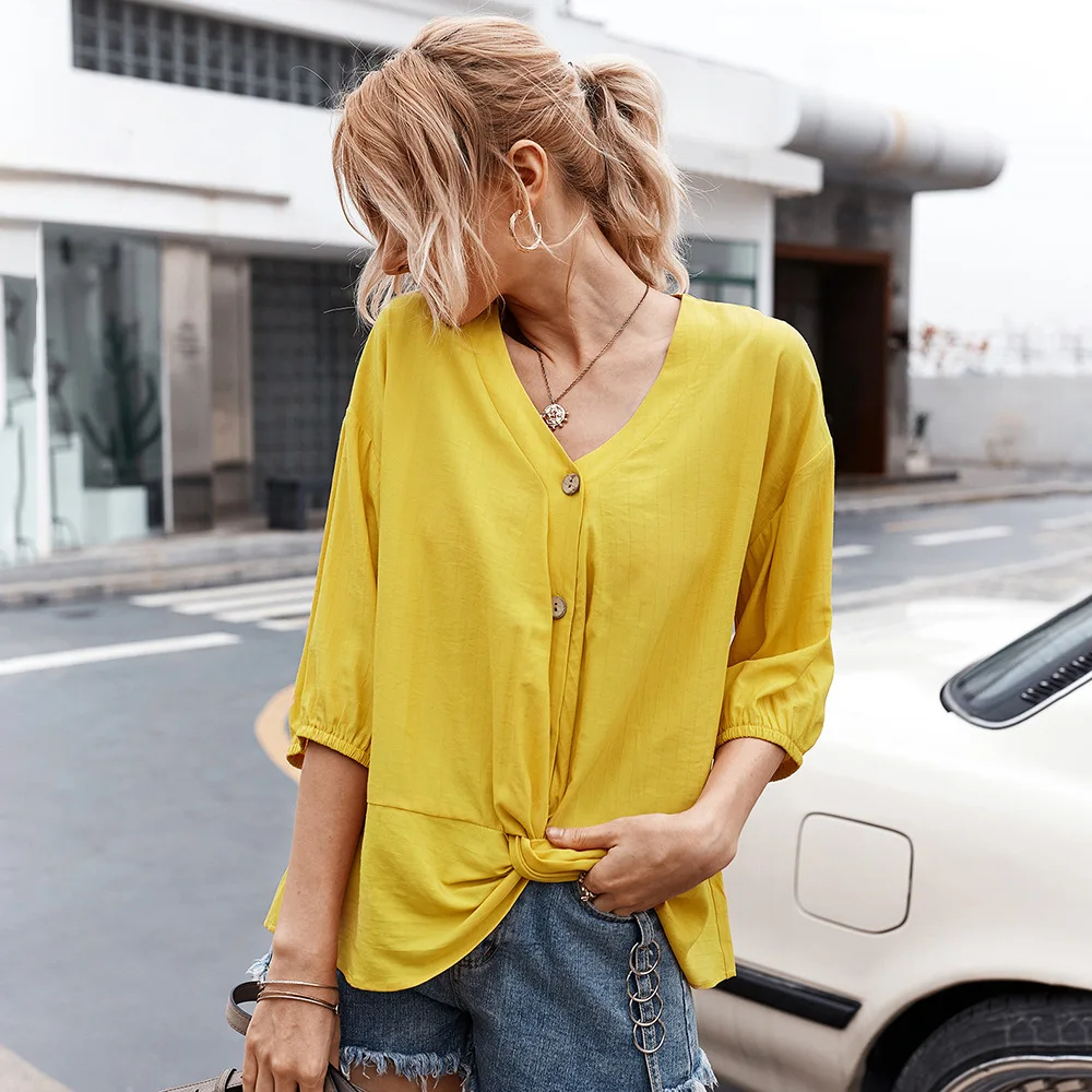 Summer Solid Lady V-neck Blouse Shirt Top Women Single Breasted Half Sleeve Tops
Summer Solid Lady V-neck Blouse Shirt Top Women Single Breasted Half Sleeve Tops
