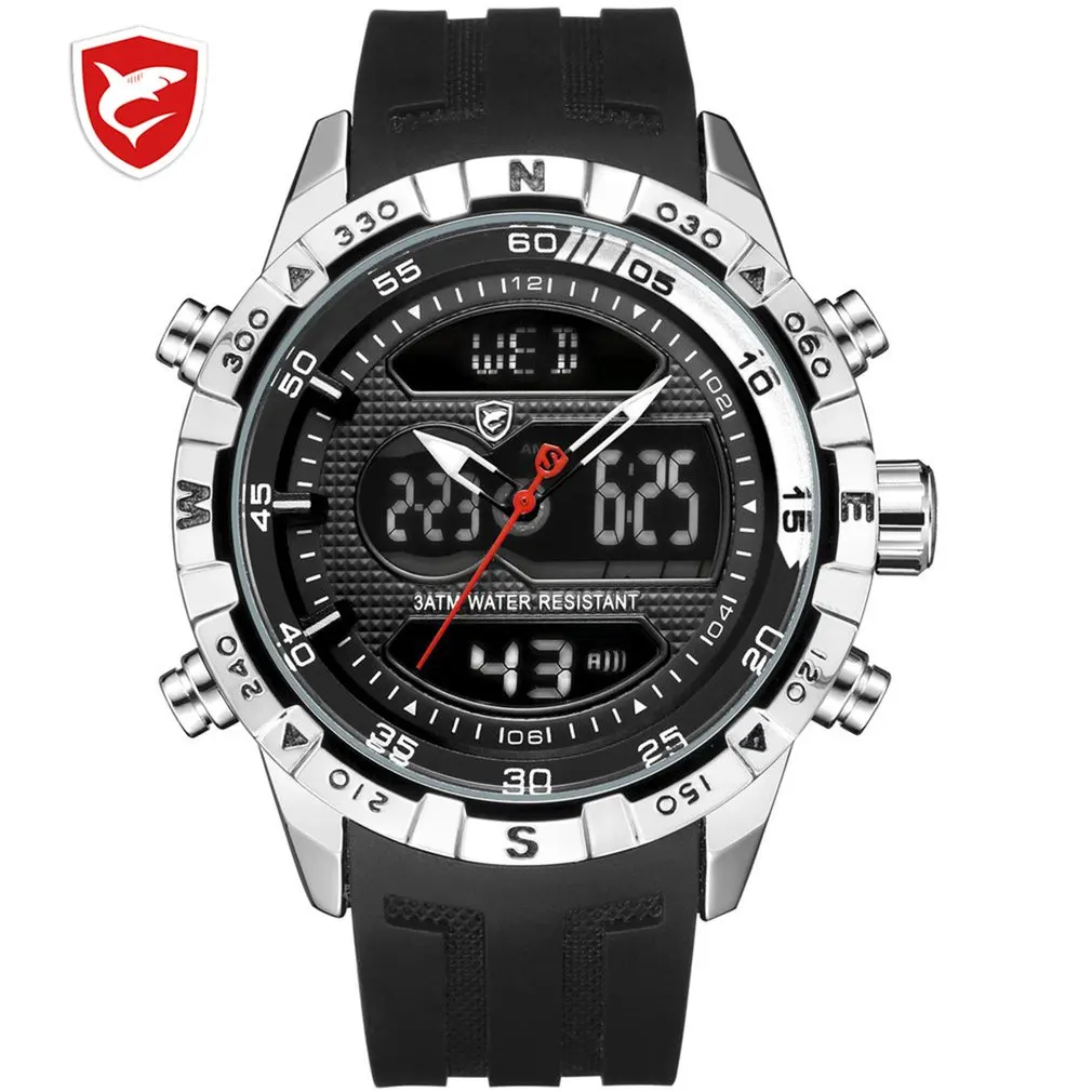 Cool Design SHARK Men Stopwatch Calendar Auto Date Alarm LCD Clock Dual Time Rubber Band Outdoor Watches erkek kol saati / SH599
Cool Design SHARK Men Stopwatch Calendar Auto Date Alarm LCD Clock Dual Time Rubber Band Outdoor Watches erkek kol saati / SH599