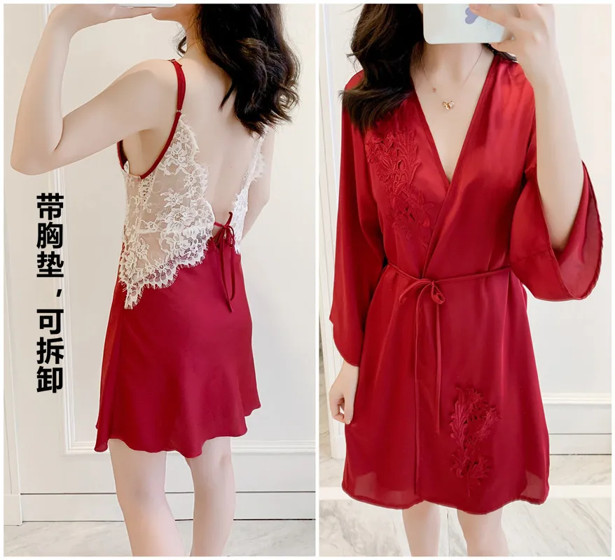 summer Sleepwear Set Women Sexy V-neck Lingerie Robe Set casual Silk Nightwear Set Satin Nightgown female 2 Pcs homewear 
summer Sleepwear Set Women Sexy V-neck Lingerie Robe Set casual Silk Nightwear Set Satin Nightgown female 2 Pcs homewear
