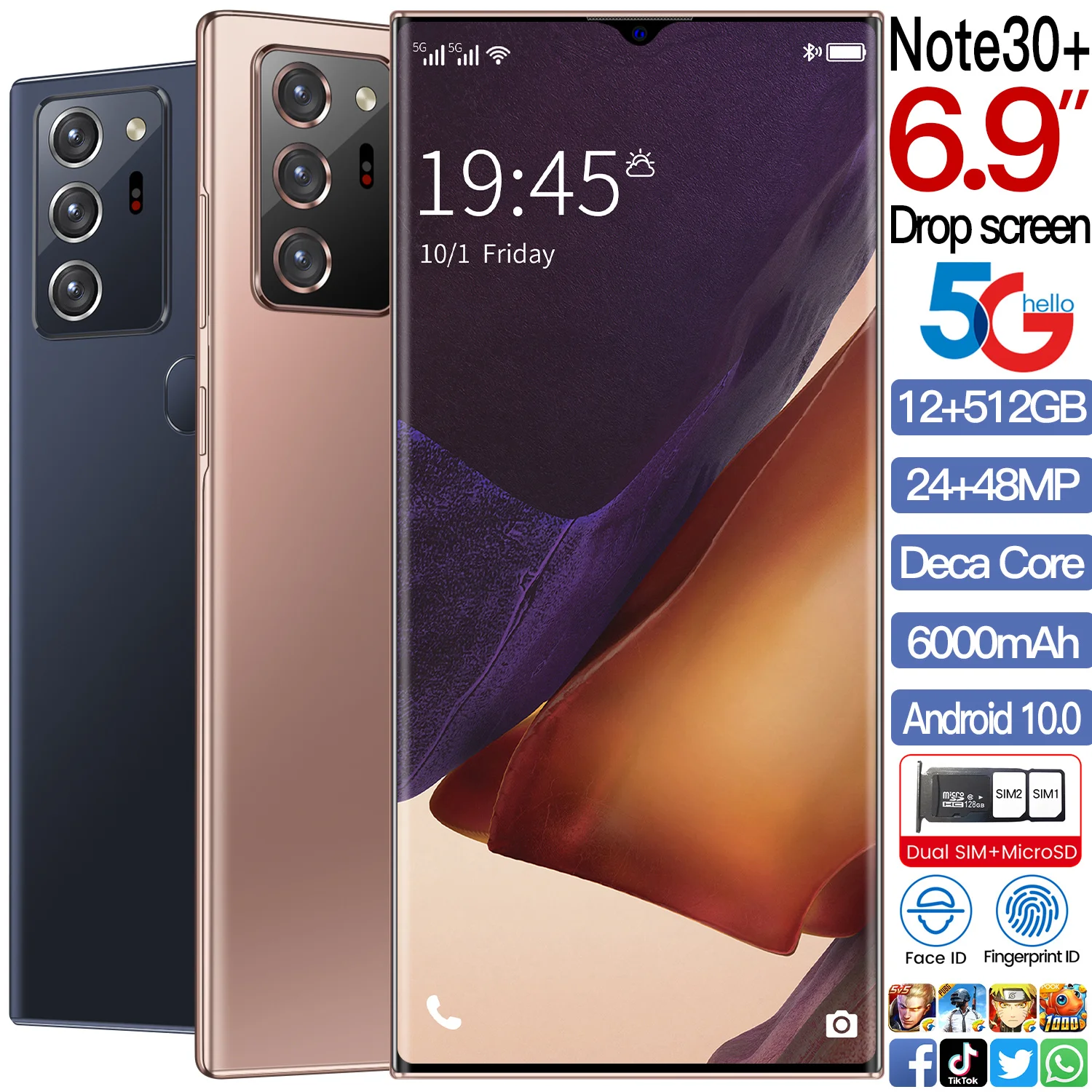 Big Screen Note30+ 12GB+512GB 6.9inch 24MP+48MP 6000mAh Battery Smartphones 10 Core MTK6889 Telephone Android 10.0 5G
Big Screen Note30+ 12GB+512GB 6.9inch 24MP+48MP 6000mAh Battery Smartphones 10 Core MTK6889 Telephone Android 10.0 5G