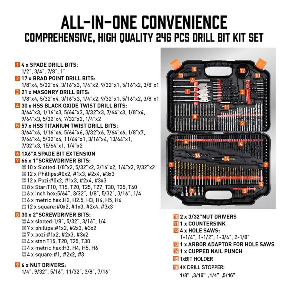 246Pcs Drill Bit Set Tool Combination Kit Woodworking Flat Drilling Twist Drill Cement Drilling Hole Opener With Storage Box
246Pcs Drill Bit Set Tool Combination Kit Woodworking Flat Drilling Twist Drill Cement Drilling Hole Opener With Storage Box