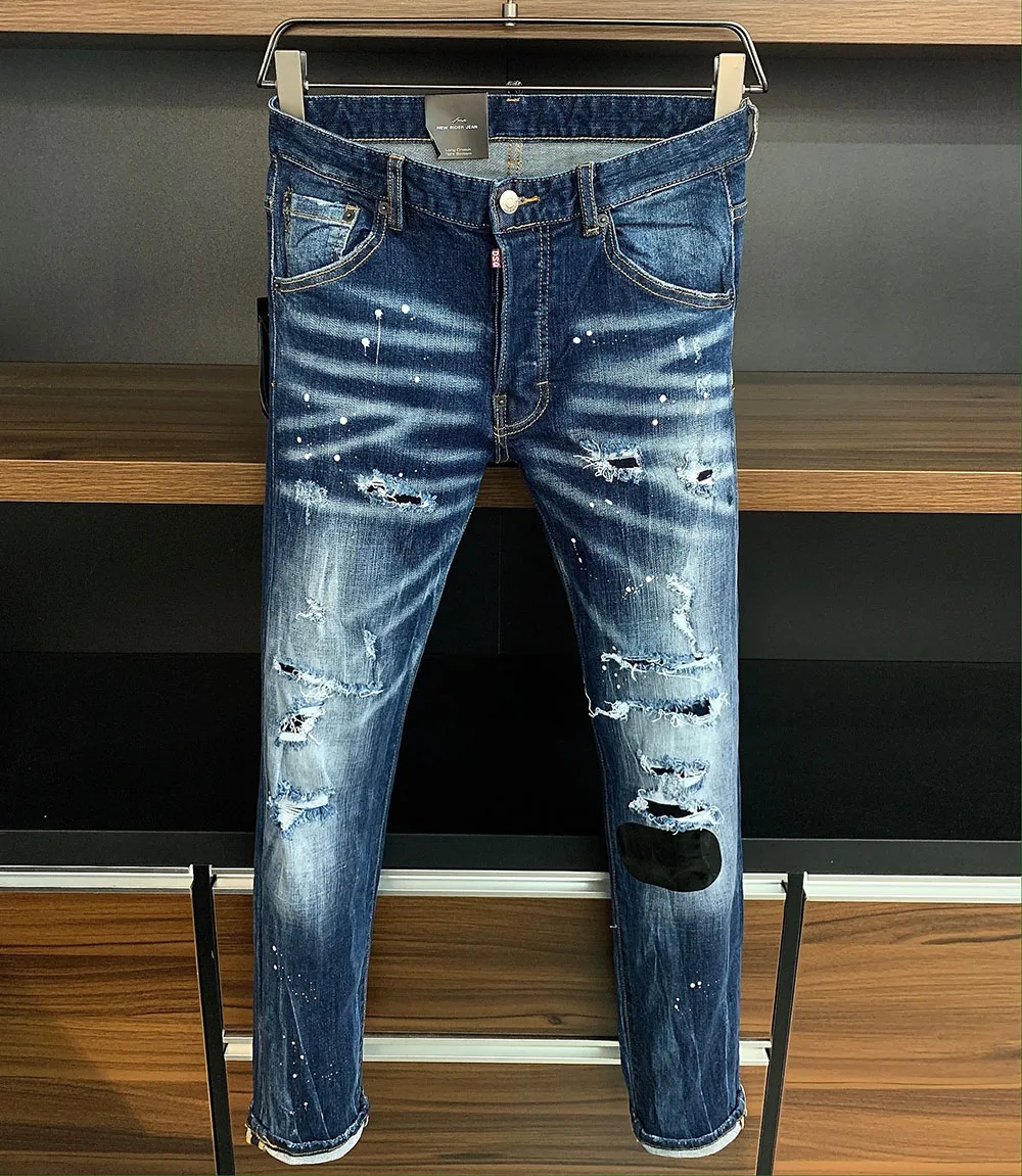 

Leather Patch 2021 Dsquared2 Italy Milan Brand Biker Mens Jeans HIPHOP Men Stretch Jeans Trousers Skinny Pants Jeans for Men