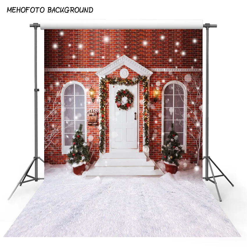 Рождественские фоны Mehofond красные кирпичные стены дом снег рождественская елка