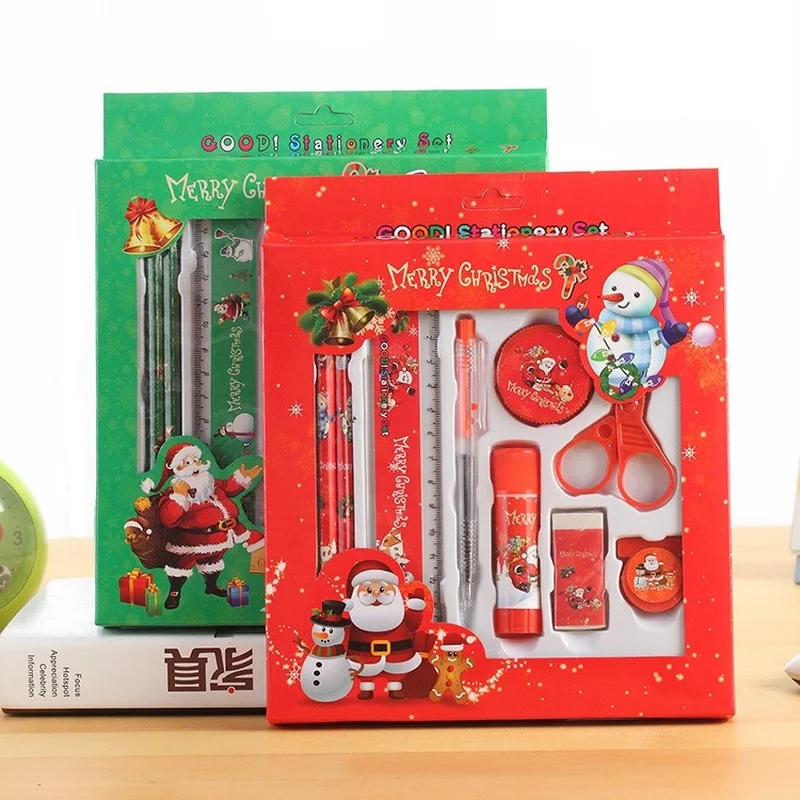 

817 9Pcs Christmas Stationery Set Santa Pencils Ruler Eraser Solid Glue Pencil Sharpener Scissors Student Supplies ChristmasGift