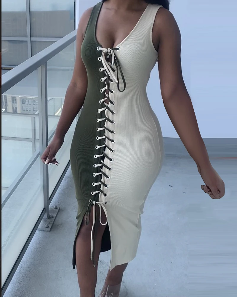 Casual Women Dress Color Patchwork Bandage sleeveless Bodycon Streetwear Split Out Autumn Clothes For Women Outfit
Casual Women Dress Color Patchwork Bandage sleeveless Bodycon Streetwear Split Out Autumn Clothes For Women Outfit