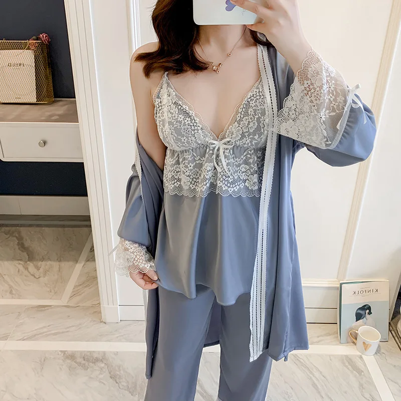 Autumn Women Satin Sleepwear 4pcs Suit Spring Lace Trim Pajama Pyjama Set Nightwear Casual Home Wear Lingerie Suit
Autumn Women Satin Sleepwear 4pcs Suit Spring Lace Trim Pajama Pyjama Set Nightwear Casual Home Wear Lingerie Suit