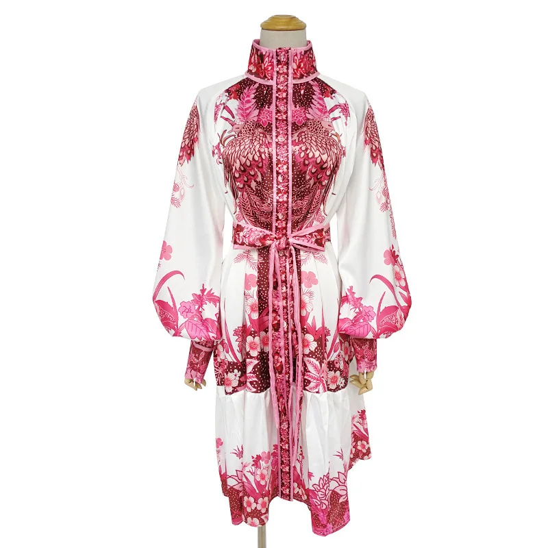 fashion show celebrity New style Mock Neck print single breasted lace up dress short woman 
fashion show celebrity New style Mock Neck print single breasted lace up dress short woman