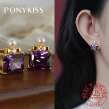 PONYKISS Trendy 925 Sterling Silver Perfume Bottle Purple Zircon Pearl Stud Earrings For Women Cute Fine Jewelry Drop Shipping