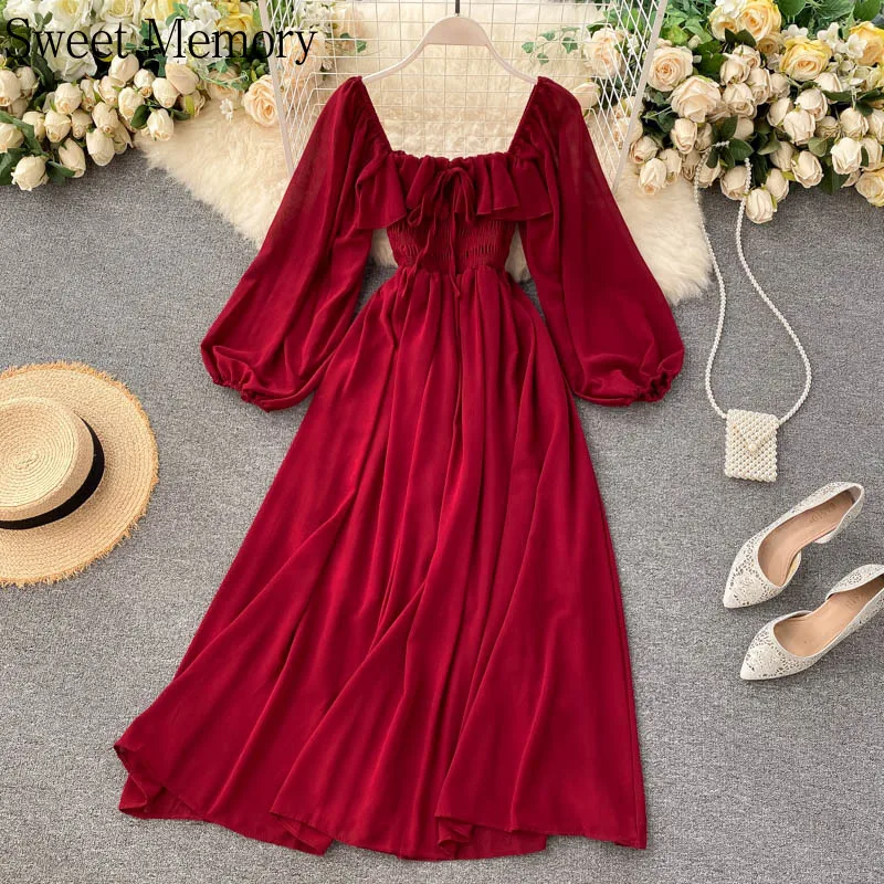 Sweet Memory Wine Red Pink Black Yellow Green Square Collar Dress 2021 Women Chiffon Dresses Puff Sleeve Ruffle Vintage Vestidos
Sweet Memory Wine Red Pink Black Yellow Green Square Collar Dress 2021 Women Chiffon Dresses Puff Sleeve Ruffle Vintage Vestidos