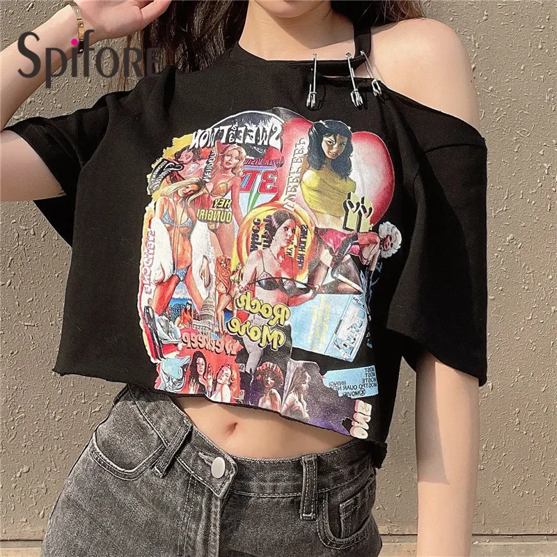 Spifore Cartoon Print T-Shirt Women Chic Off Shoulder Short Sleeve Summer Tops Black Round Neck Fashion Clothes
Spifore Cartoon Print T-Shirt Women Chic Off Shoulder Short Sleeve Summer Tops Black Round Neck Fashion Clothes