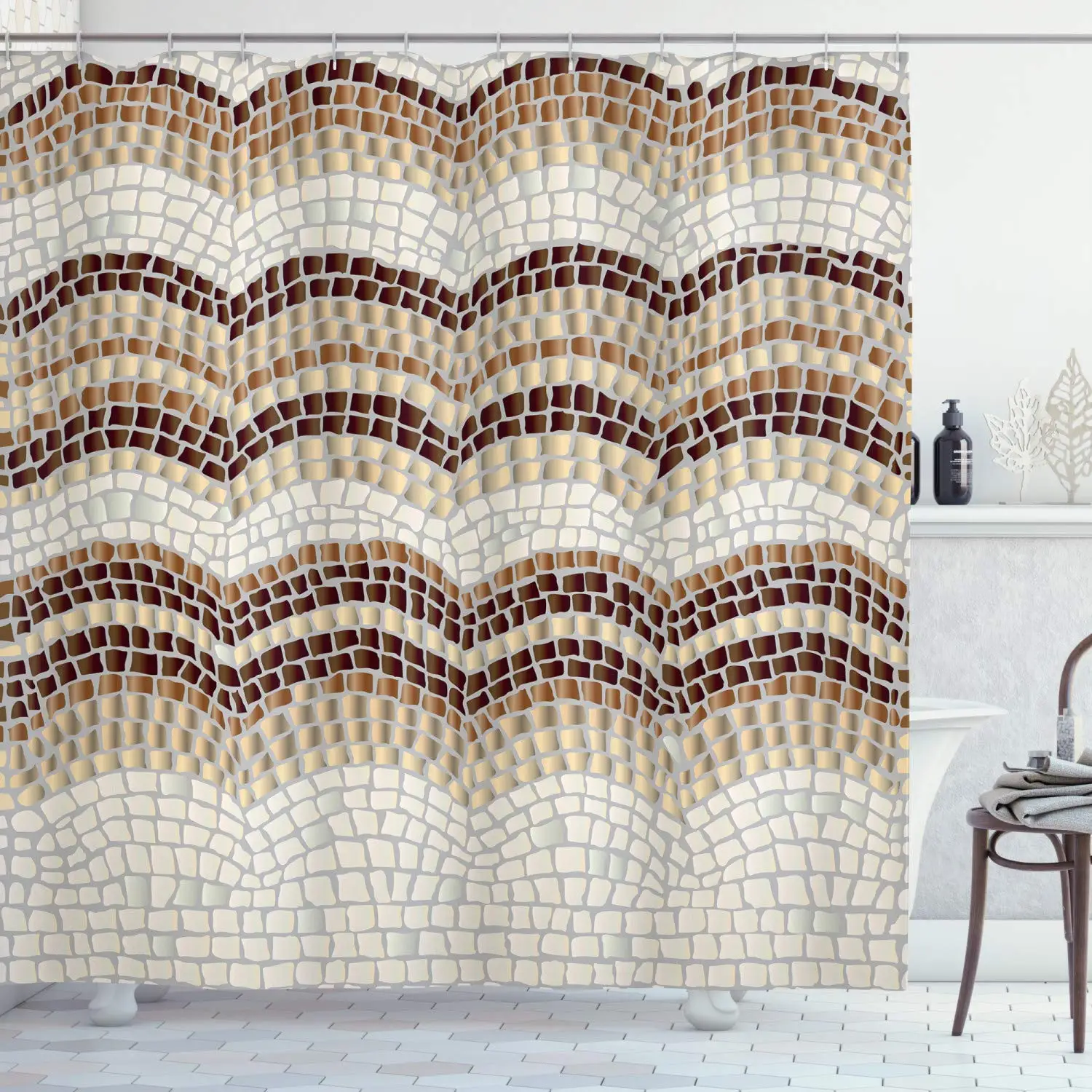 

Beige Shower Curtain, Gradient Colored Mosaic Waves Setting Antique Roman Royal Dated Retro Patterns, Cloth Fabric Bathroom