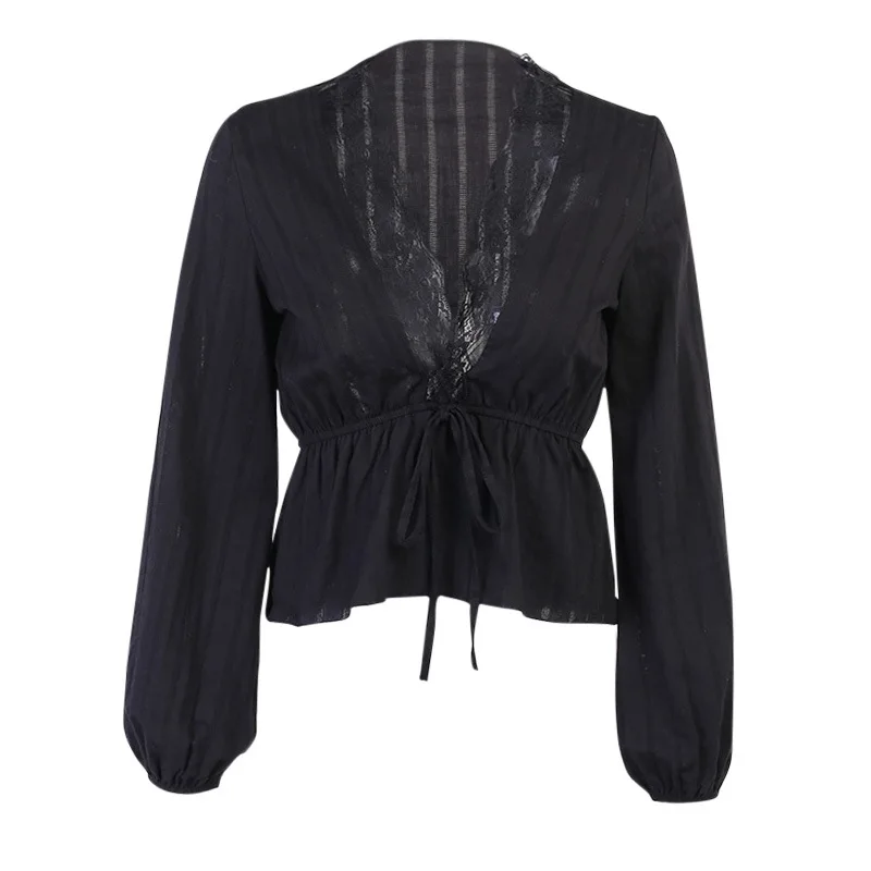 Women Lantern Sleeve Shirt V Neck Patchwork Lace Tops Casual Black Bandage Blouse 2021 Drawstring Pullover Blouse Autumn
Women Lantern Sleeve Shirt V Neck Patchwork Lace Tops Casual Black Bandage Blouse 2021 Drawstring Pullover Blouse Autumn
