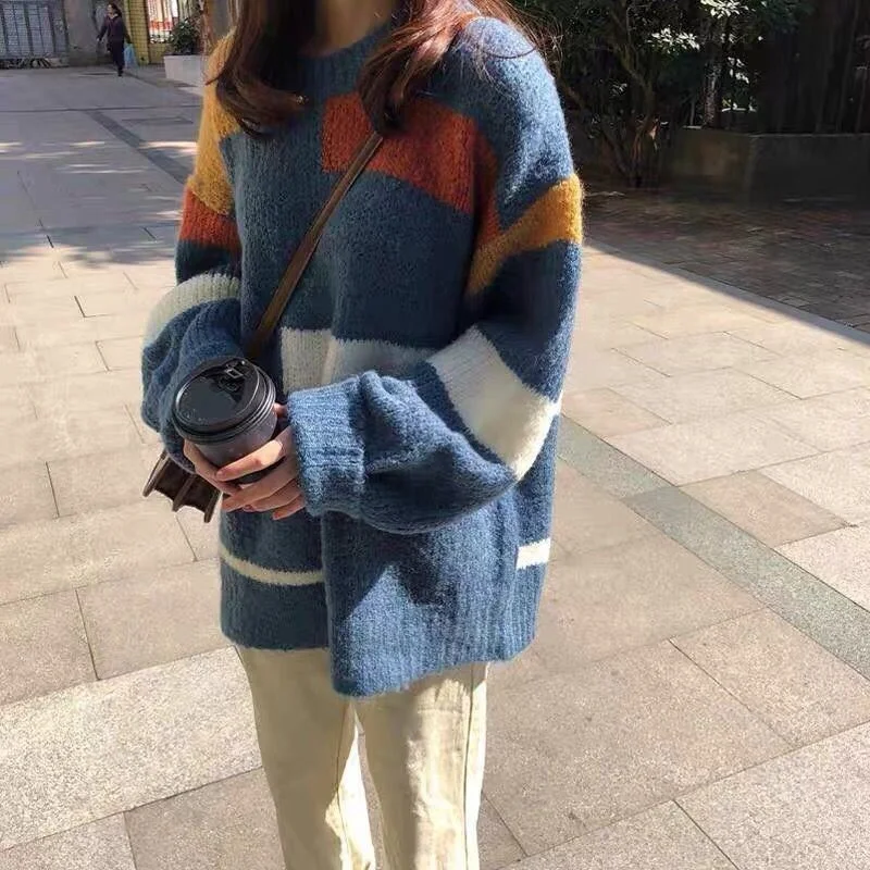 Winter New Harajuku Style Street Korean Style Stitching Striped Mid-Length Pullover Sweater Women Oversized Loose Sweater Coat
Winter New Harajuku Style Street Korean Style Stitching Striped Mid-Length Pullover Sweater Women Oversized Loose Sweater Coat