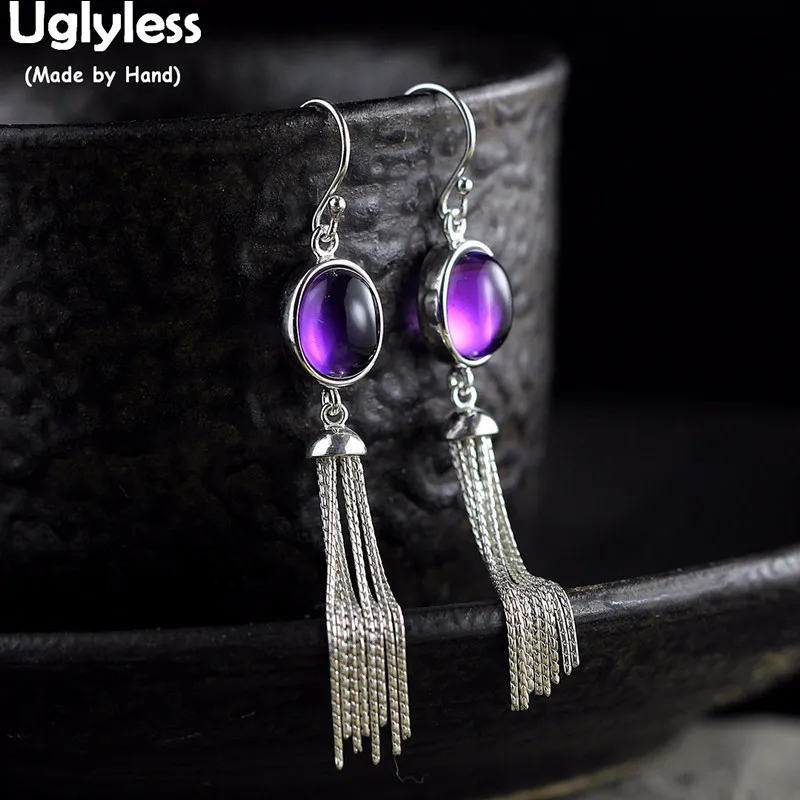 

Uglyless Ethnic Multi Layers Silver Long Tassel Earrings for Women Water Drop Crystals Jade Earrings 925 Silver Fine Jewel E1584