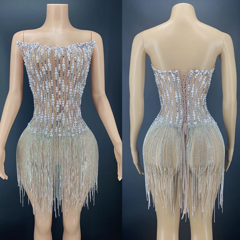 Silver Pearls Crystals Fringed Dress Sexy Transparent Dance Outfits Evening Performance Wear Birthday Celebrate Costume XS3461
Silver Pearls Crystals Fringed Dress Sexy Transparent Dance Outfits Evening Performance Wear Birthday Celebrate Costume XS3461
