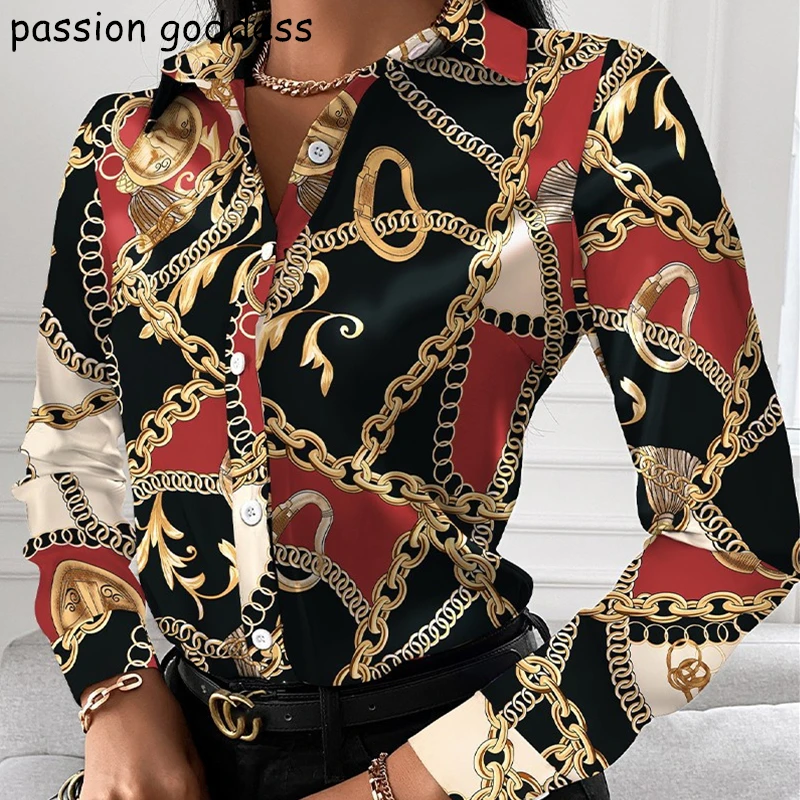 2021 New Plus Size XXL Casual Long Sleeve Button Up Shirt Women Turn-down Collar Chain Print Blouse Autumn Vintage Ladies Tops 
2021 New Plus Size XXL Casual Long Sleeve Button Up Shirt Women Turn-down Collar Chain Print Blouse Autumn Vintage Ladies Tops