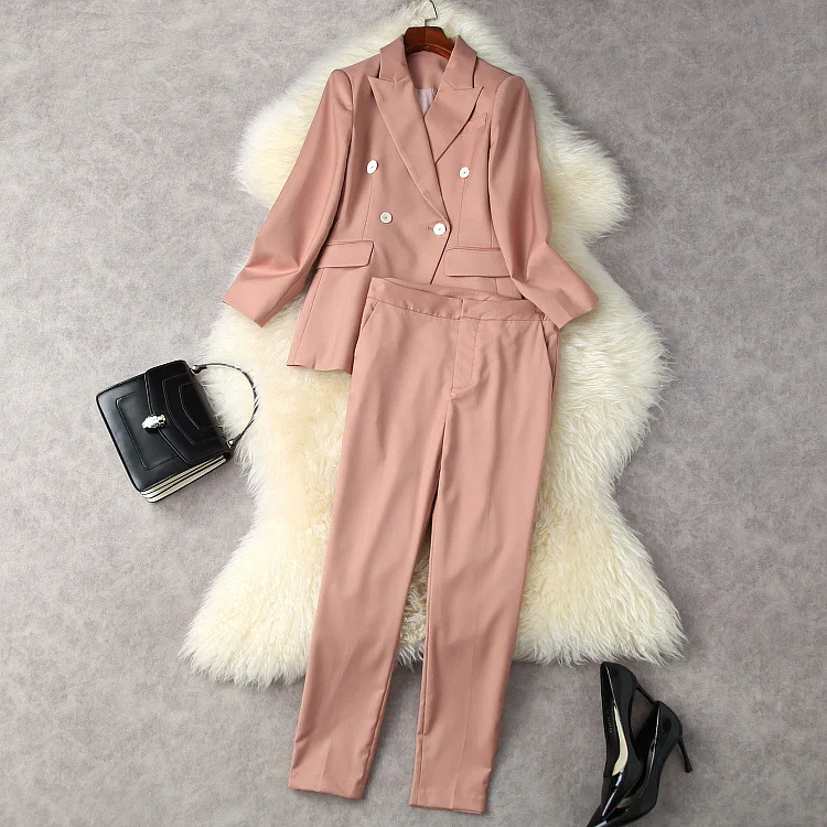 European and American women's wear spring 2022 new Long-sleeved, double-breasted pink coat 7 minutes of pants Fashion suits
European and American women's wear spring 2022 new Long-sleeved, double-breasted pink coat 7 minutes of pants Fashion suits