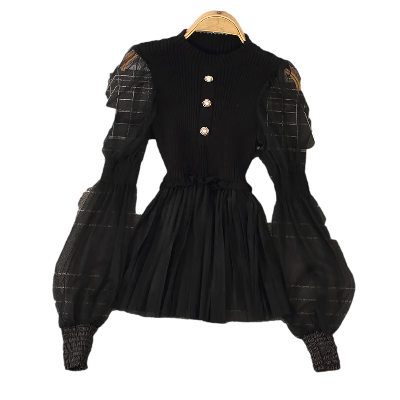 2021 Early Spring New Round Neck Blouse Women Pleated Lantern Sleeve Stitching Hedging Knitted Blusa Lace Shirt C796
2021 Early Spring New Round Neck Blouse Women Pleated Lantern Sleeve Stitching Hedging Knitted Blusa Lace Shirt C796